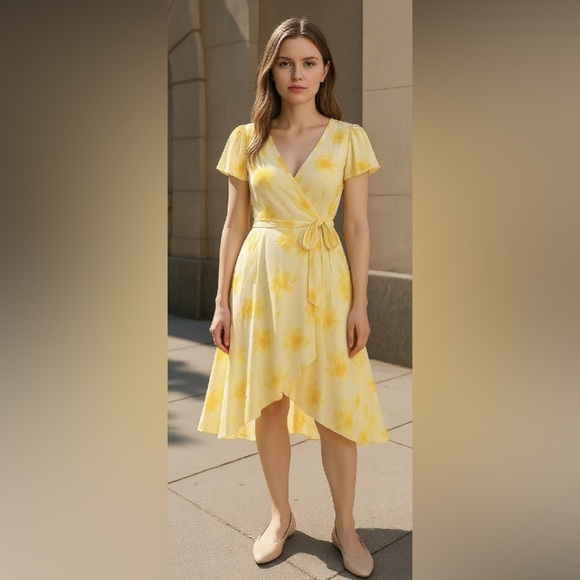 DKNY Flowy Chiffon Short Sleeve V Neck Belted Midi Dress, NWT, - Picture 1 of 7